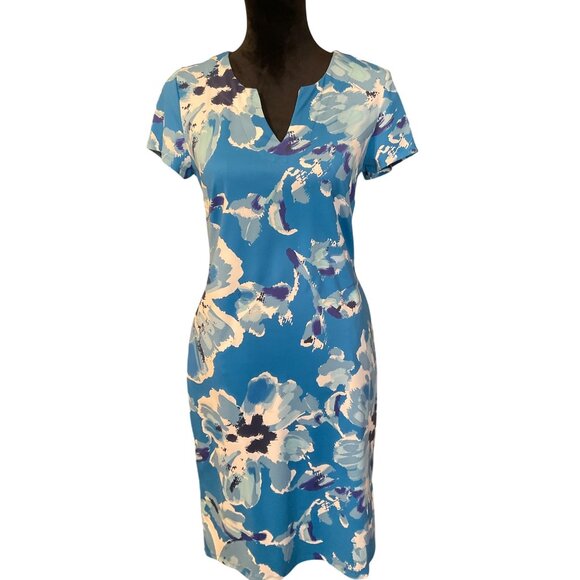 Sunsets & Sweet Tea Dresses & Skirts - Sunsets & Sweet Tea Aqua Blue Floral Short Sleeve Knee-Length V-Neck Dress - Wom